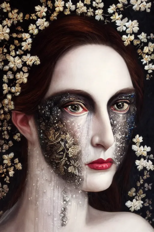 Prompt: hyperrealism close - up mythological portrait of a beautiful medieval woman's fractured face blended with dark obsidian and crystallic flowers in style of classicism, pale skin, ivory make up, wearing black silk robe, dark and dull palette