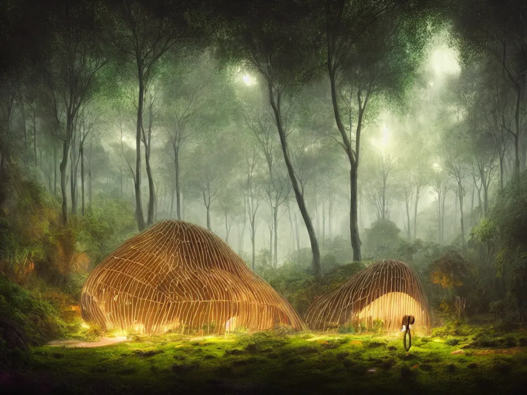 Image similar to beautiful organic house made of imaginary plants in a forest, architectural render, futuresynth, chillwave, by Gabriel Dawe, by Skottie Young, by Jessica Rossier, vegetal architecture, by moebius, by Isaac Cordal, night, mist, lights, junglepunk, blender, trending on artstation