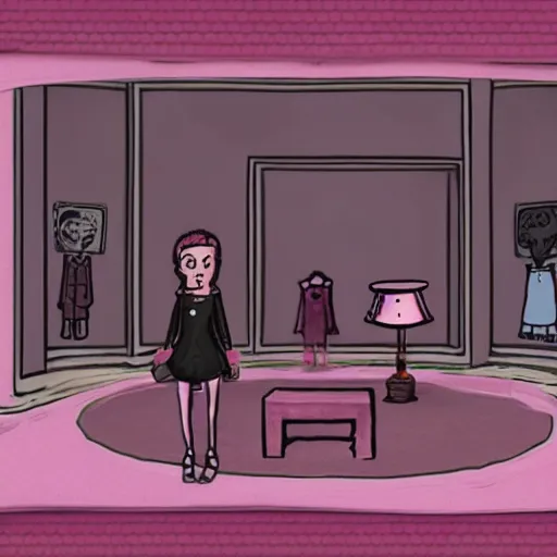 Prompt: screenshot of the game rusty lake, girl in pink vest in a portrait paint on the wall.