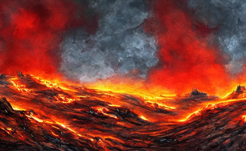 Image similar to post apocalyptic landscape in fire in digital art oil canvas