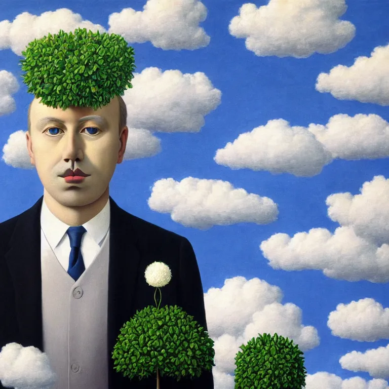Image similar to portrait of a faceless beautiful flower - head man in a suit, clouds in the background, by rene magritte, detailed painting, distance, centered, hd, hq, high resolution, high detail, 4 k, 8 k