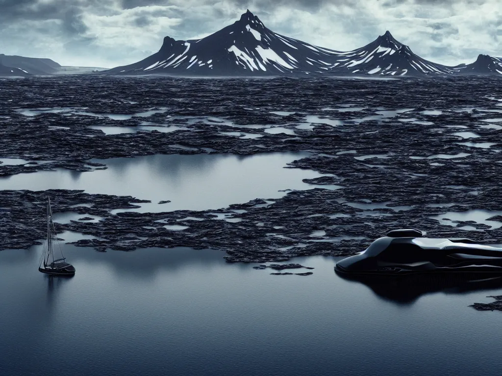 Prompt: a giant, highly-detailed black alien spaceship with black windows and many gears and wires, smooth shape, interior lights hovers over a glass lake in Iceland with mountains in the background, many big clouds, there is a small sailboat on the lake, hd 35mm photography, octane render, cinematic 4k