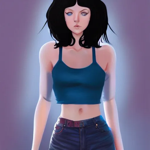 Image similar to a girl wearing a crop top, dark hair, blue eyes, highly detailed, digital painting, artstation, concept art, smooth, sharp focus, illustration