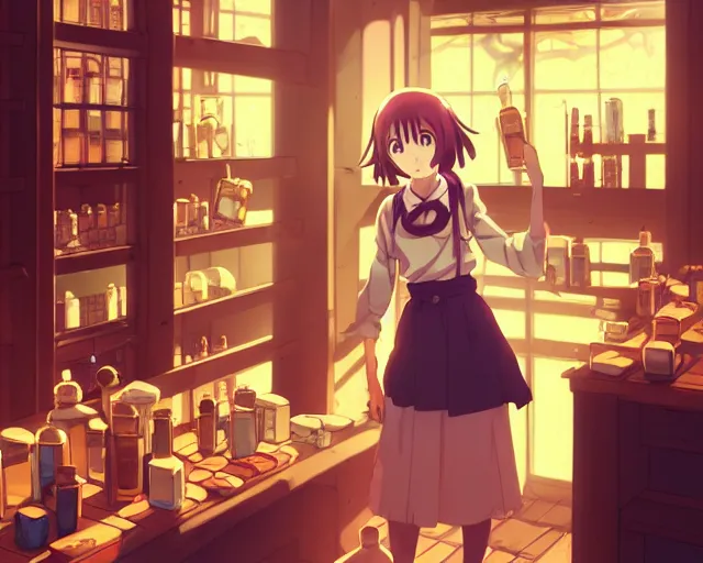 Image similar to anime visual, portrait of a young female traveler in a alchemist's potion shop interior, cute face by yoh yoshinari, katsura masakazu, cinematic luts, cold studio lighting, dynamic pose, dynamic perspective, strong silhouette, anime cels, ilya kuvshinov, cel shaded, crisp and sharp, rounded eyes