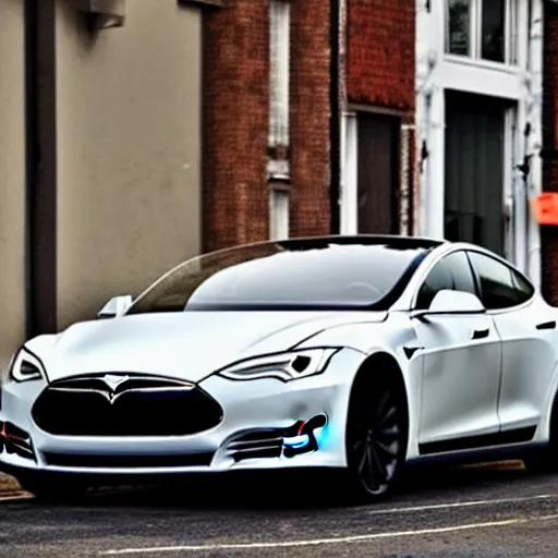 Image similar to a cloudy day with a tesla in a street