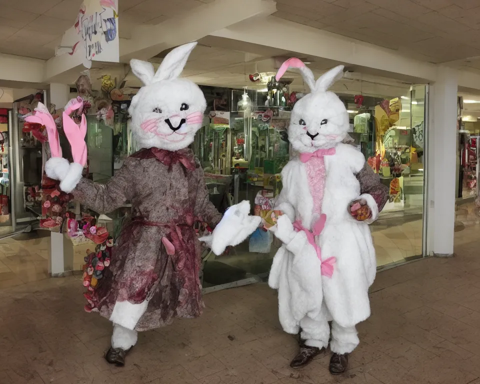 Prompt: the Easter Bunny at a very old mall, horror