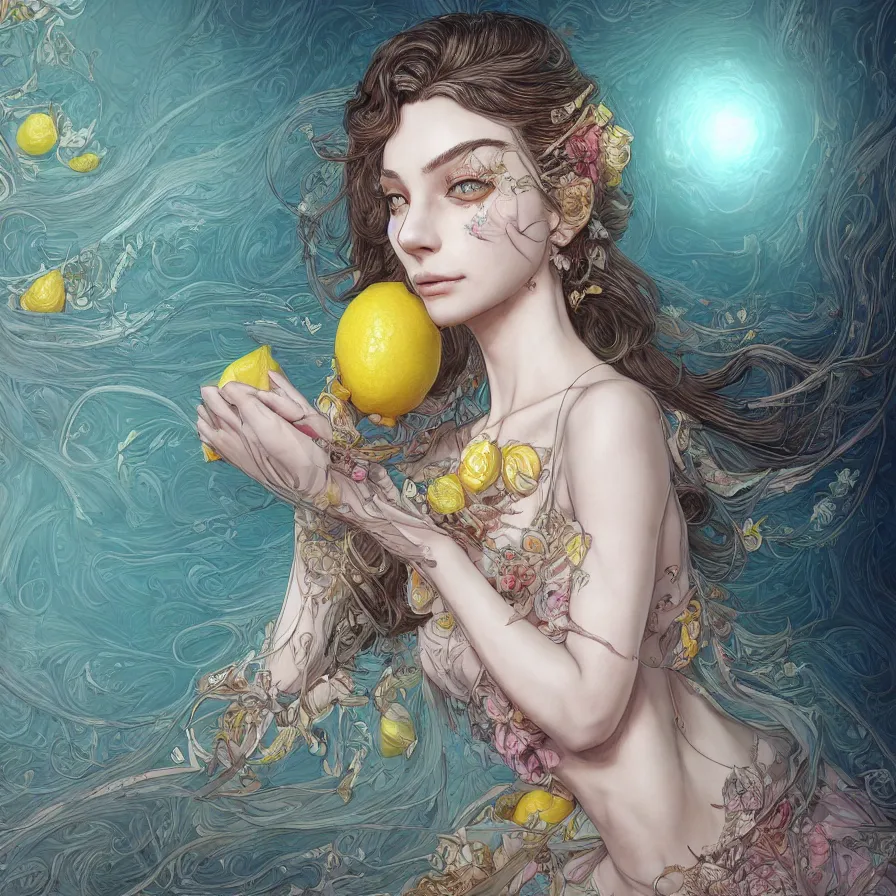 Image similar to the portrait of one sensual lemon personified as an absurdly beautiful, graceful, elegant, sophisticated, young woman made, an ultrafine hyperdetailed illustration by kim jung gi, irakli nadar, intricate linework, bright colors, octopath traveler, final fantasy, unreal engine 5 highly rendered, global illumination, radiant light, detailed and intricate environment