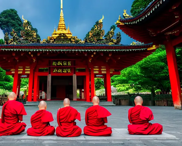 Prompt: a hyperrealistic scenery of 6 monks meditating in front of pagoda temple, extreme wide shot