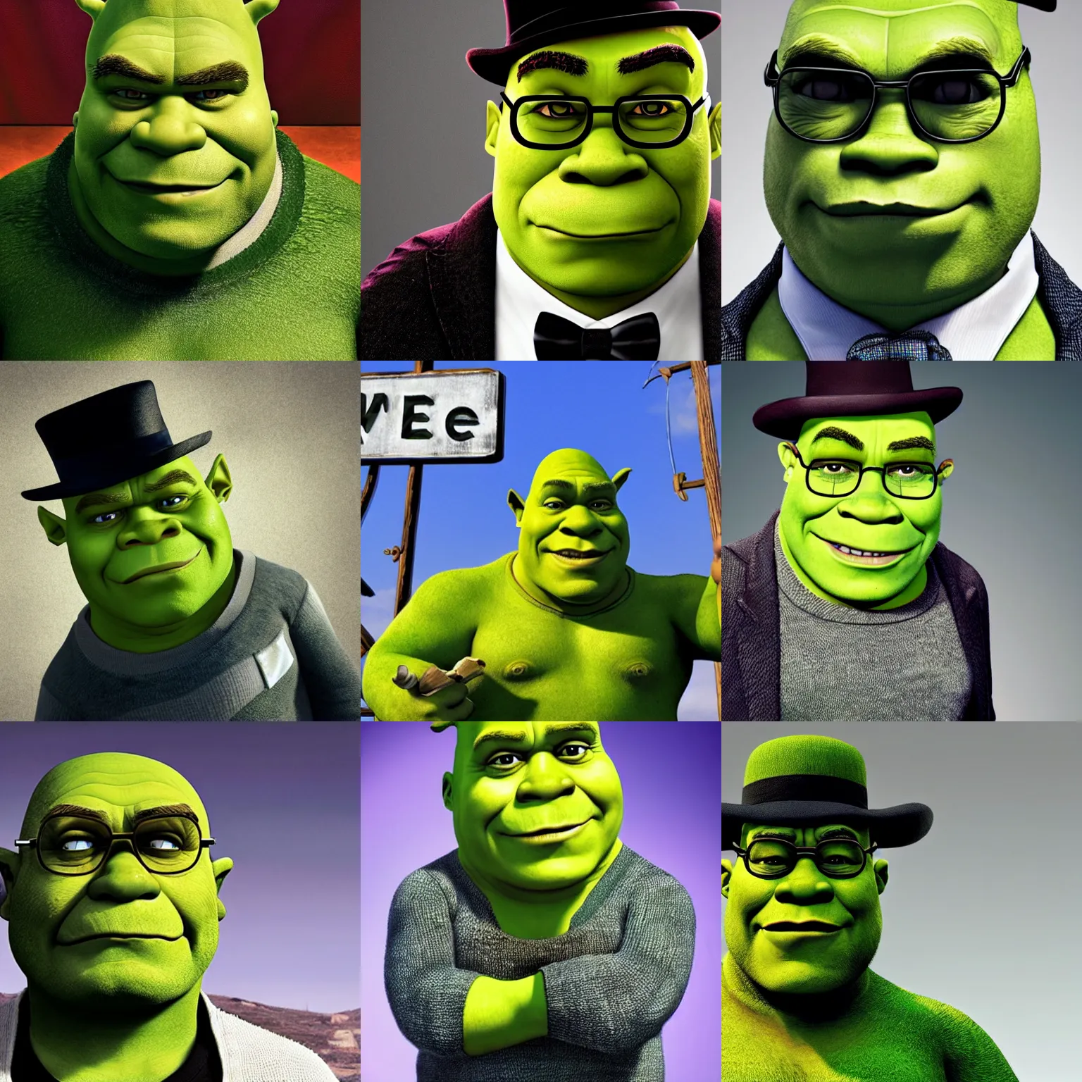 Prompt: shrek ogre that looks like walter white from breaking bad with goatee, wearing bowler hat and sunglasses