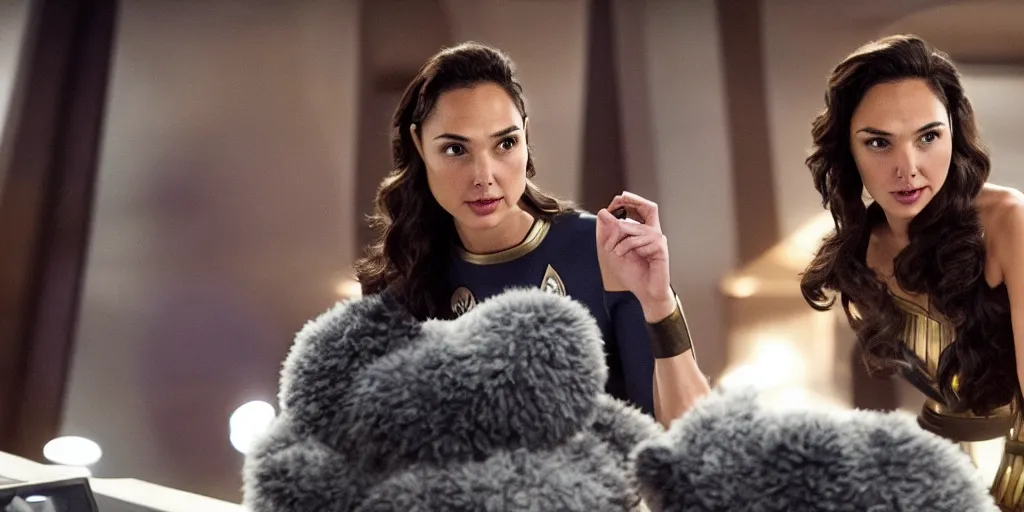 Prompt: Gal Gadot and Tribbles, Tribbles and more Tribbles in a scene in the next Star Trek movie