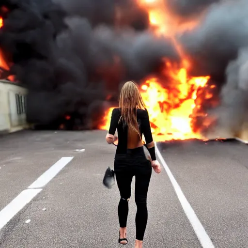 Image similar to Savage photo of a pretty! woman wearing black walking away from an explosion, majestic!!