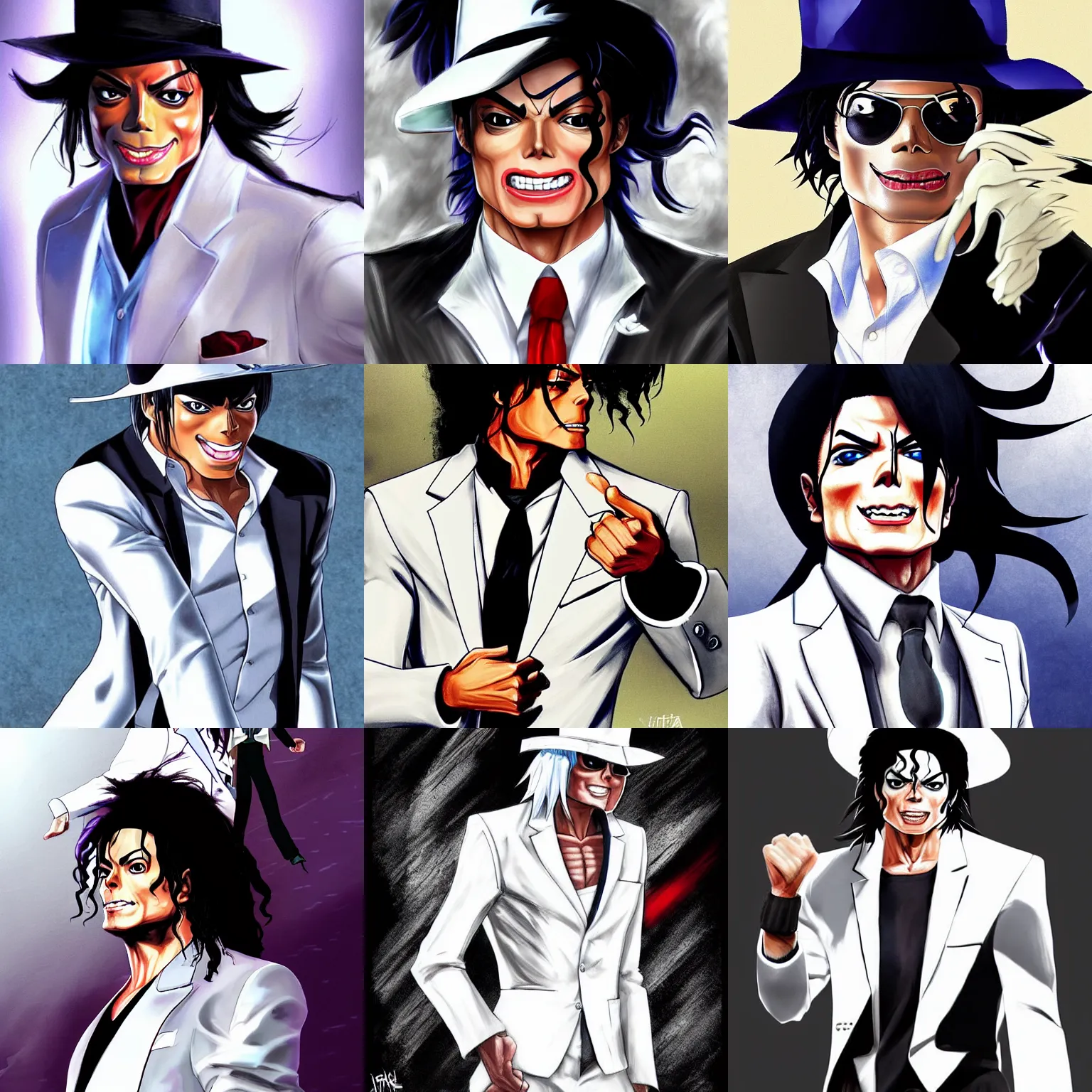 Prompt: angry michael jackson!!! full medium concept art of muscular michael jackson!! in white fedora hat and white suit as muscular character, beautiful landscape, 4 k anime character anime concept art ink by akira toriyama, artstation