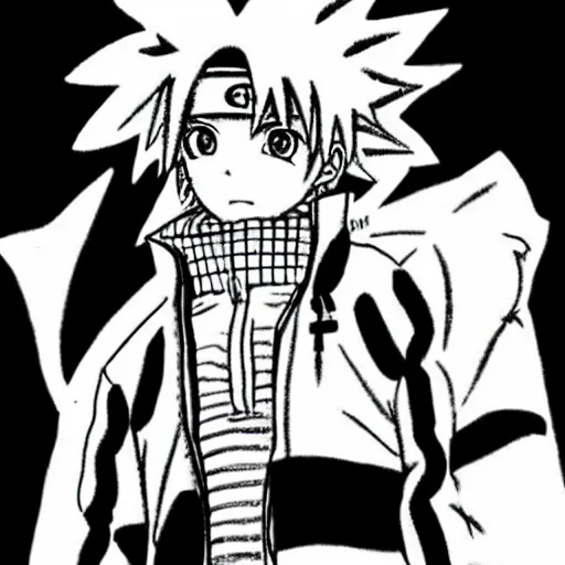 Image similar to a manga sketch of Naruto wearing casual clothes in the art style of Hirohiko Araki