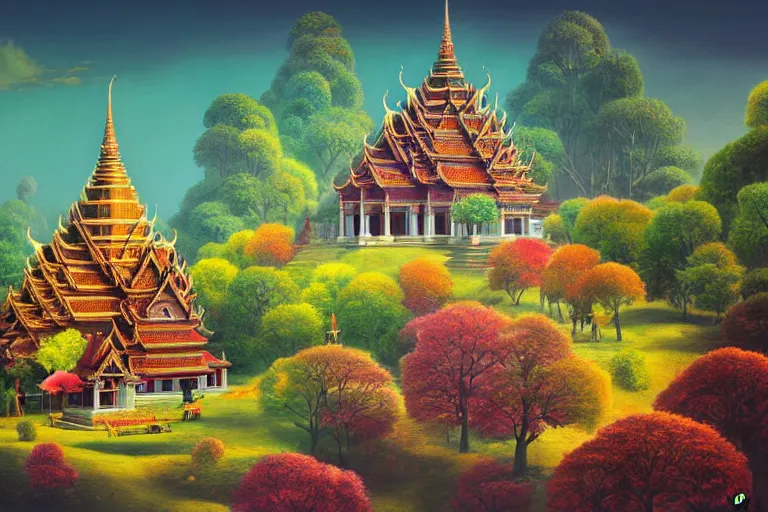 Image similar to summer morning, thai temple, rolling mountain, very coherent and colorful high contrast, art by gediminas pranckevicius, by wes anderson, dark shadows, hard lighting