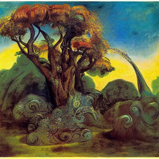 Prompt: impressionist symetrical fiction hugo wojciech siudhinski and lajos gulacny, lowbrow, 4 k 4 k colorful eldritch village tequila tree, by francisco goya and ted