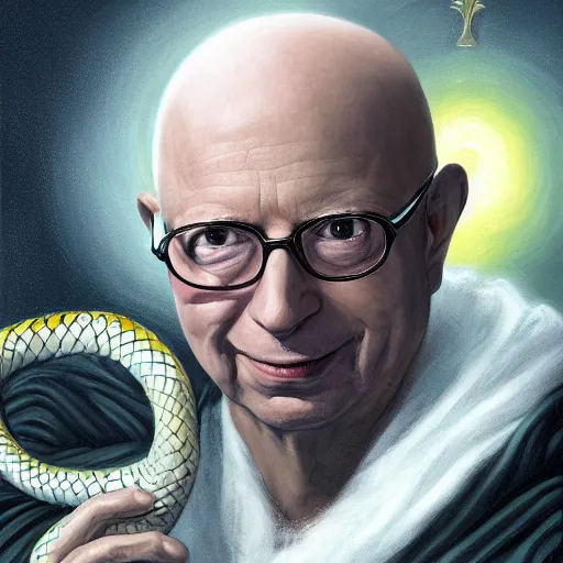 Prompt: a detailed fantasy character painting of Klaus Schwab holding a snake, dressed like Jesus Christ, black glowing eyes, by lauri blank, artgerm, evelyn de morgan, 8K, 50mm lens