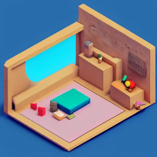 Image similar to a simple cute 3 d object of the bed, isometric game, isometric art, centralised, mohamed chahin, blender cycles render, solid colours material, no background and shadows