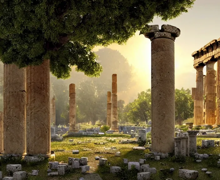 Image similar to a tree growing in ancient greek ruins, gray wasteland, many scrap cars, trash, rubble, overgrown, pillars and arches, flowers, vines, hyperrealistic, highly detailed, cinematic, ray of golden sunlight shining on the tree, beautiful, cgssociety, artstation, 8 k, oil painting by greg rutkowski, by artgerm, by wlop