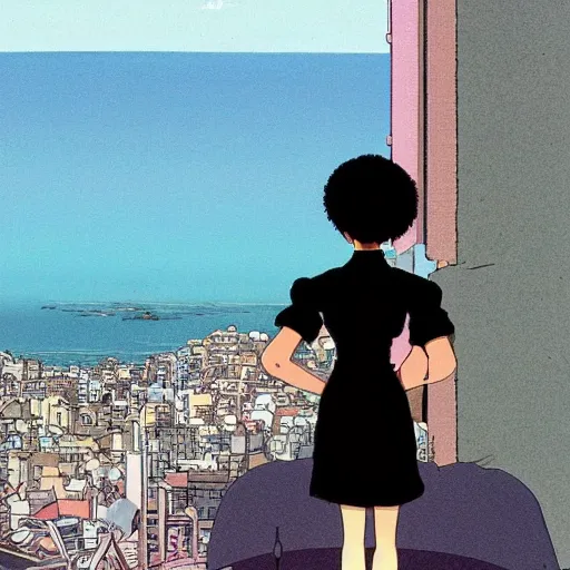 Image similar to a black lady looking out over a city, Miyazaki, studio ghibli