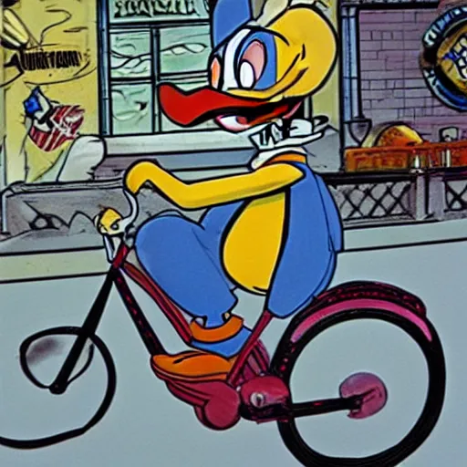 Image similar to donald duck riding a bike, in style of don rosa