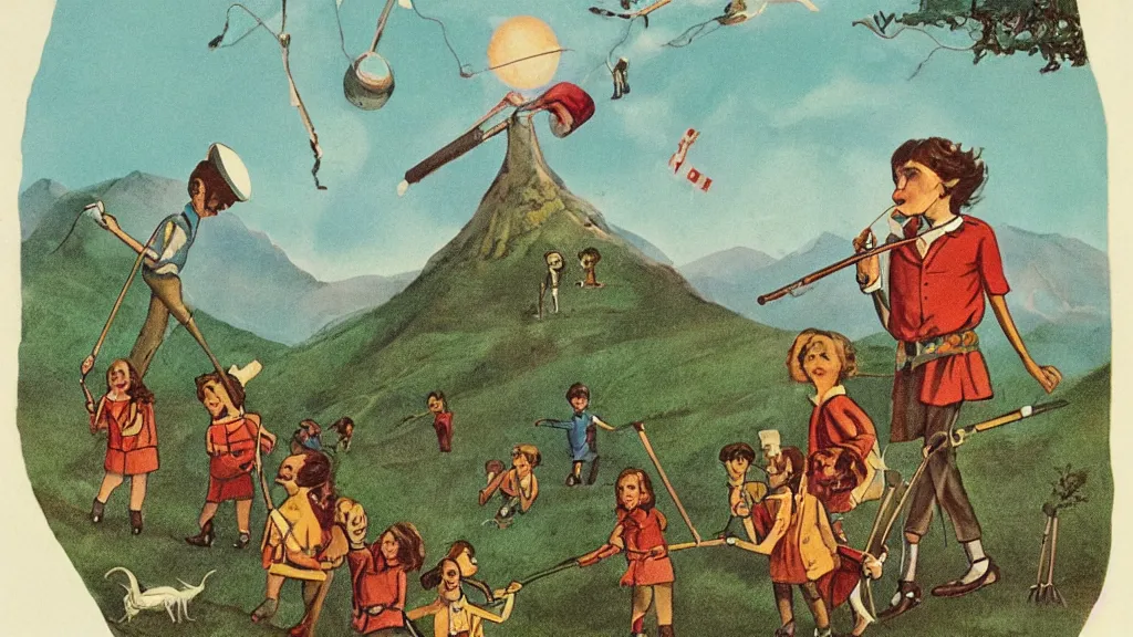 Image similar to A vintage scientific illustration from the 1970s of the Pied Piper luring hundreds of children up a hill while playing his pipe by Wes Anderson