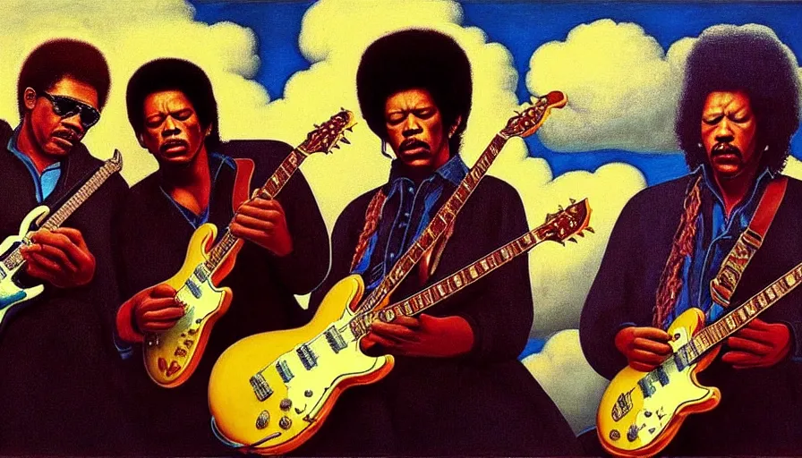 Image similar to photorealistic painting of tim maia, jimi hendrix and b. b king, with very highly detailed face, jamming with electric guitars, sitting on fluffy clouds. realism, beautiful, dramatic by grant wood, johannes vermeer and leonardo da vinci