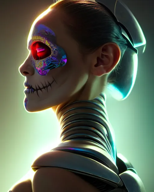 Image similar to side portrait of female android, sharp focus, sci - fi, fantasy art, digital illustration, dia de los muertos. octane render, unreal engine. concept art. art by artgerm and wlop and giger and greg rutkowski and rossdraws and alphonse mucha and gallen - kallela, 8 k, hdr