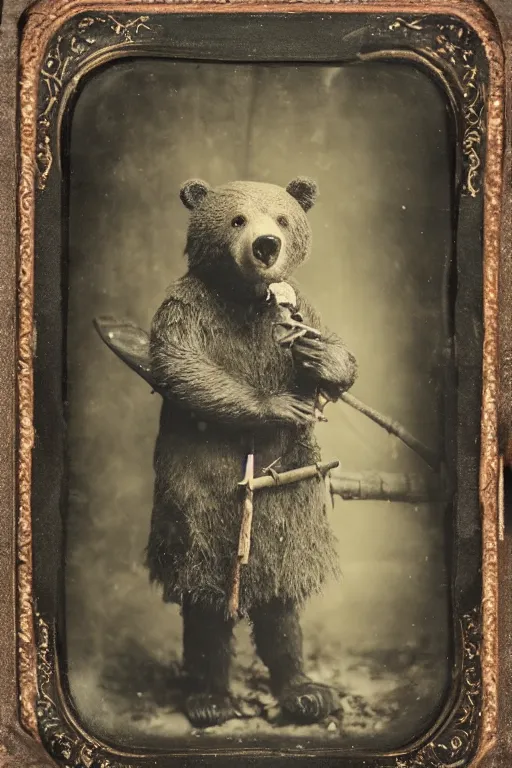 Image similar to a wet plate photo of an anthropomorphic bear dressed as a medieval woodsman