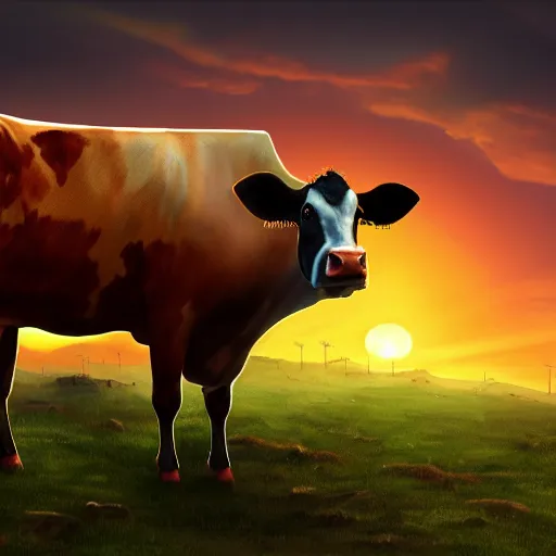 Prompt: fantasy cow looking at sunset, high detail, fantasy art, concept art, 4 k, ultra detail, computer art