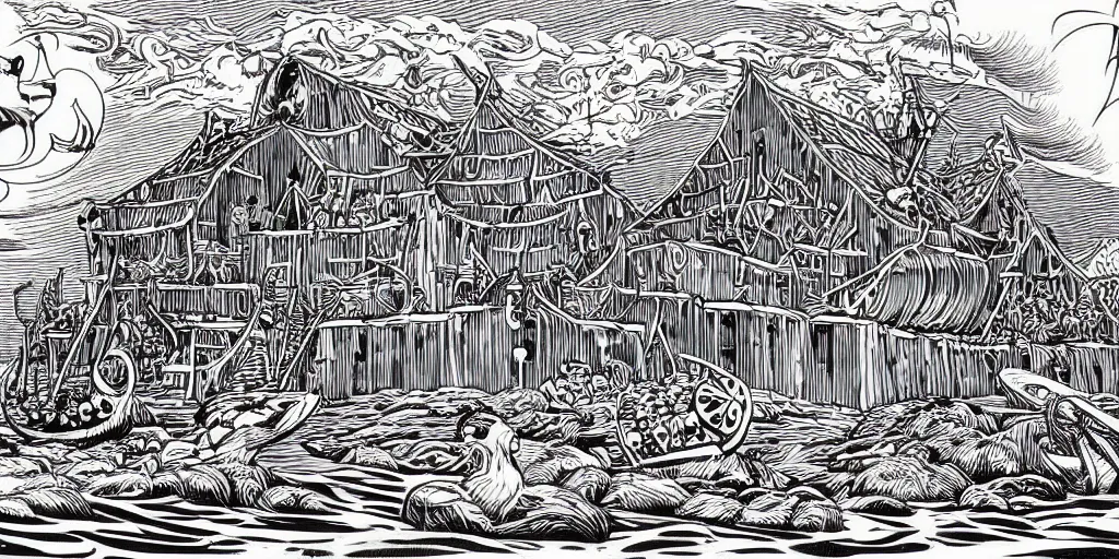 Prompt: Viking palace, beautiful engraving illustration, vector art by aaron horkey, pure b&w