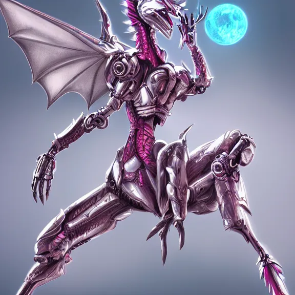 Image similar to extremely detailed fanart of a goddess that's a giant beautiful anthropomorphic robot female dragon, elegant pose, shiny silver metal armor, fuchsia skin, digital art, furry art, furaffinity, DeviantArt, 8k HD