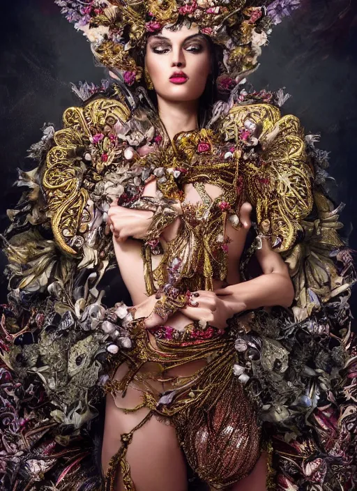 Image similar to expressive full body photo of a female model, ornate headpiece made from flowers, ornaments, glamour shot, by karol bak, by stefan gesell, photorealistic, canon r 3, fashion photography, hyper maximalist, elegant, ornate, luxury, elite, environmental portrait, symmetrical features, octane render, unreal engine, solid dark grey background, dramatic lights