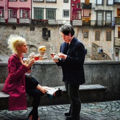 Prompt: a blonde woman & Michael mcintyre eating gelato & tea in Porto, greg rutkowski