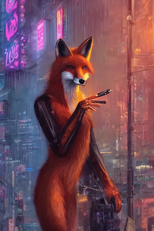 Image similar to beautiful portrait of a tall female anthro fox smoking a cigarette in a bustling crowd of a rainy city street, cyberpunk, harsh neon lights, highly detailed, sharp focus, digital painting, illustration, trending on artstation, art by sakimichan, artgerm