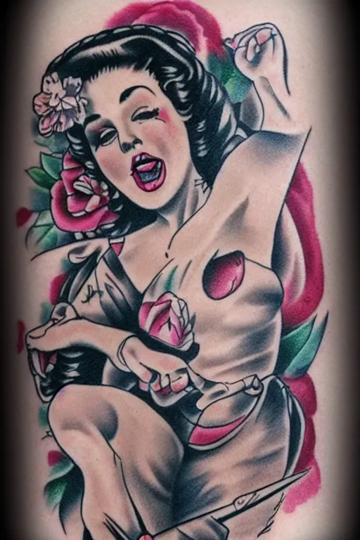 Image similar to traditional American tattoo of a pinup doll