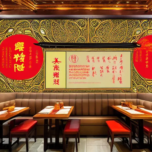 Image similar to a beautiful hyperdetailed 4 k hd wallpaper illustration interior of roasted string hotpot restaurant restaurant yan'an, wall painting, from china, with merchant logo, fine delicate structure, chinese style, victo ngai