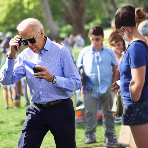 Prompt: Joe Biden playing Pokemon Go in the park on his phone