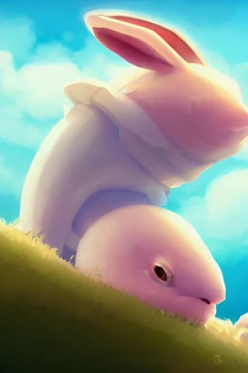 Image similar to a very cute sea slug rabbit close up, by rhads, makoto shinkai and lois van baarle, johannes voss, low angle fisheye view, sky whith plump white clouds, elegant, highly detailed, artstation, 8 k, unreal engine, hdr, concept art, volumetric lighting matte