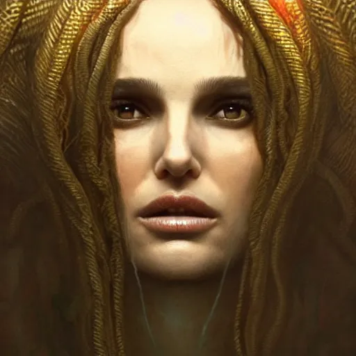 Prompt: a portrait of natalie portman as medusa in dramatic lighting, snakehair, interior background, artstation, by greg rutkowski, by beksinski, a realism masterpiece