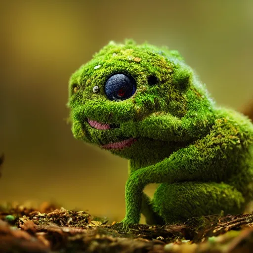 Prompt: a highly detailed painting of a tiny cute mossy forest creature by bobby chiu, big amber eyes, smiling, at sunset, macro photography, goro fujita