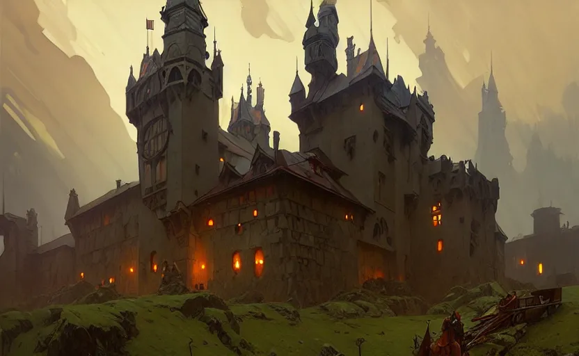 Image similar to an old medieval stronghold with moody and cinematic lighting by alphonse mucha, simon stalenhag and darek zabrocki, cinematic and atmospheric, concept art, artstation, trending on artstation