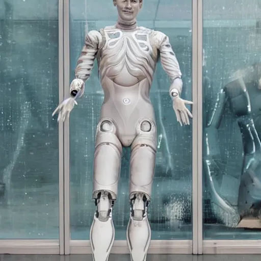 Image similar to made of ice, a realistic detailed photo of a guy who is an attractive humanoid who is half robot and half humanoid, who is a male android, on display, blank stare, showing off his muscles, shiny skin, posing like a statue, by the pool, frozen ice statue, f 1 driver max verstappen, humanoid robot