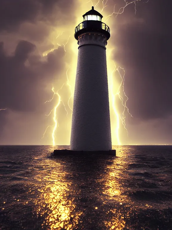 Image similar to photo of 8k ultra realistic lighthouse on island, heavy rain, ,lightning storm, boat lights in distance, night, light shining, heavy seas, full of colour, cinematic lighting, battered, trending on artstation, 4k, hyperrealistic, focused, extreme details,unreal engine 5, cinematic, masterpiece, art by Alena Aenami