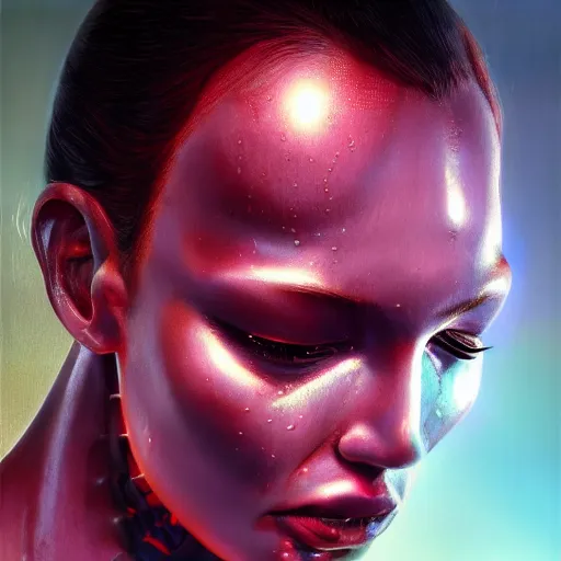 Image similar to closeup of sweating robot forehead with sweat on it, big drops of sweat, forehead only, by Hajime Sorayama, airbrush art, symmetric face, beautiful face, highly realistic, star flares, trending on artstation, beautiful lighting, sharp, details, hyper-detailed, HD, HDR, 4K, 8K