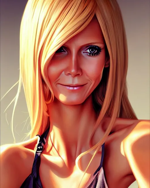 Image similar to portrait of Heidi Klum as Anime girl cute-fine-face, full body! pretty face, realistic shaded Perfect face, fine details. Anime. realistic shaded lighting by Ilya Kuvshinov Giuseppe Dangelico Pino and Michael Garmash and Rob Rey