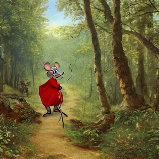 Image similar to an adventurous anthropomorphic mouse wearing medieval clothing walking through a lush forest, vasnetsov, 4k resolution