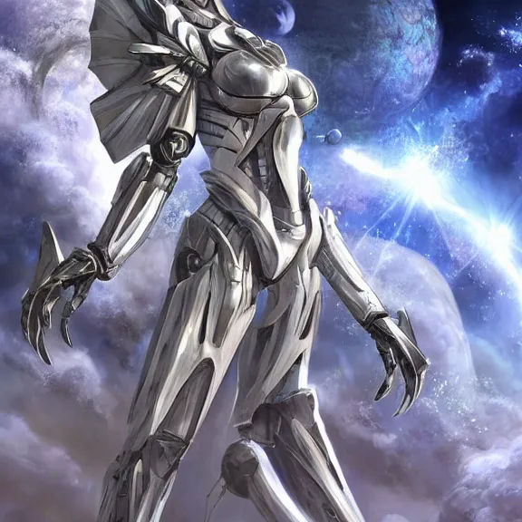 Image similar to giant stunning goddess shot, galactic sized beautiful hot anthropomorphic robot mecha female dragon, floating alone in space, larger than the planet, holding the earth, the earth a mere marble in her hand, detailed sleek silver armor, sharp claws, epic proportions, epic scale, highly detailed digital art, sci fi, furry art, macro art, dragon art, goddess art, warframe fanart, destiny fanart, anthro, furry, giantess, macro, furaffinity, deviantart, 8k 3D realism