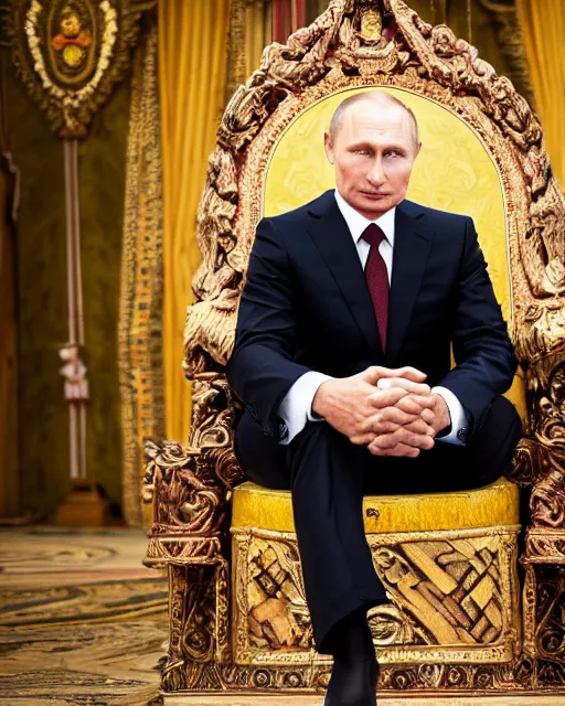 Image similar to A photo of vladimir putin the barbarian sitting on his throne, award winning photography, sigma 85mm Lens F/1.4, perfect faces