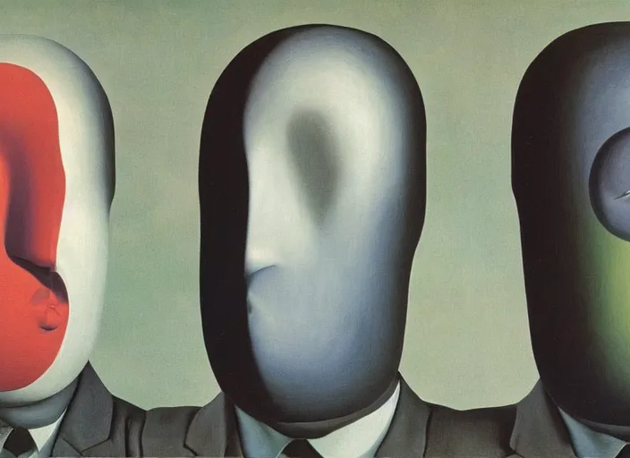 Image similar to infinite faceless masks observing you by rene magritte and salvadore dali