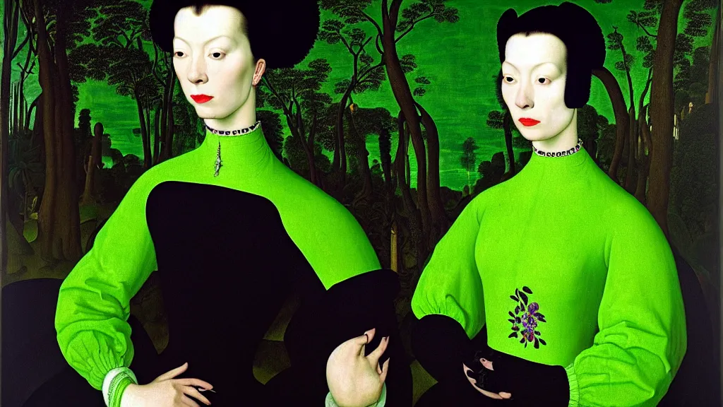Prompt: portrait of a woman with lime green frizzy hair, wearing a embroidered high collar black dress by balenciaga, standing in a botanical garden, bjork aesthetic, masterpiece, cyberpunk, in the style of rogier van der weyden, masterpiece, asian art